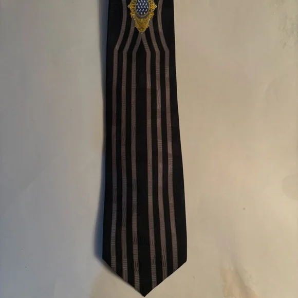 SONIA RYKIEL HOMME Black Tan Striped Silk Tie Gold Crest Emblem luxury designer
